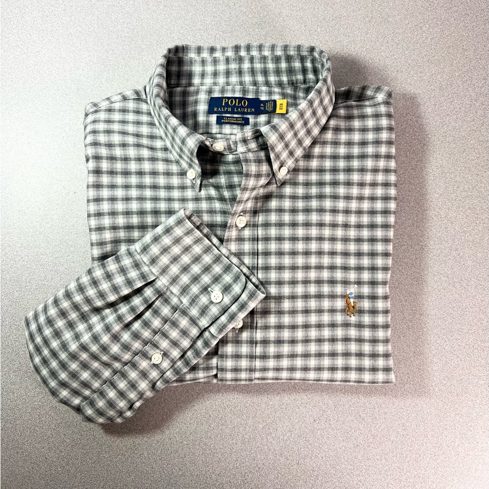 Polo Ralph Lauren Shirt‎ Men's XL Performance Classic Fit Gray Plaid Flesh Pony